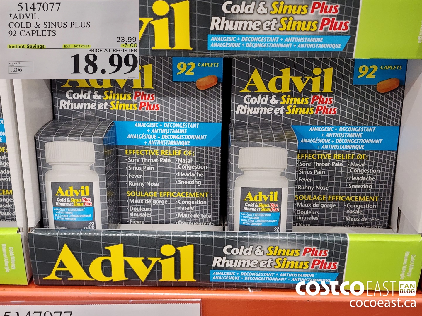 5147077 ADVIL COLD & SINUS PLUS 92 CAPLETS ($5.00 INSTANT SAVINGS EXPIRES ON 2024-03-31) $18.99