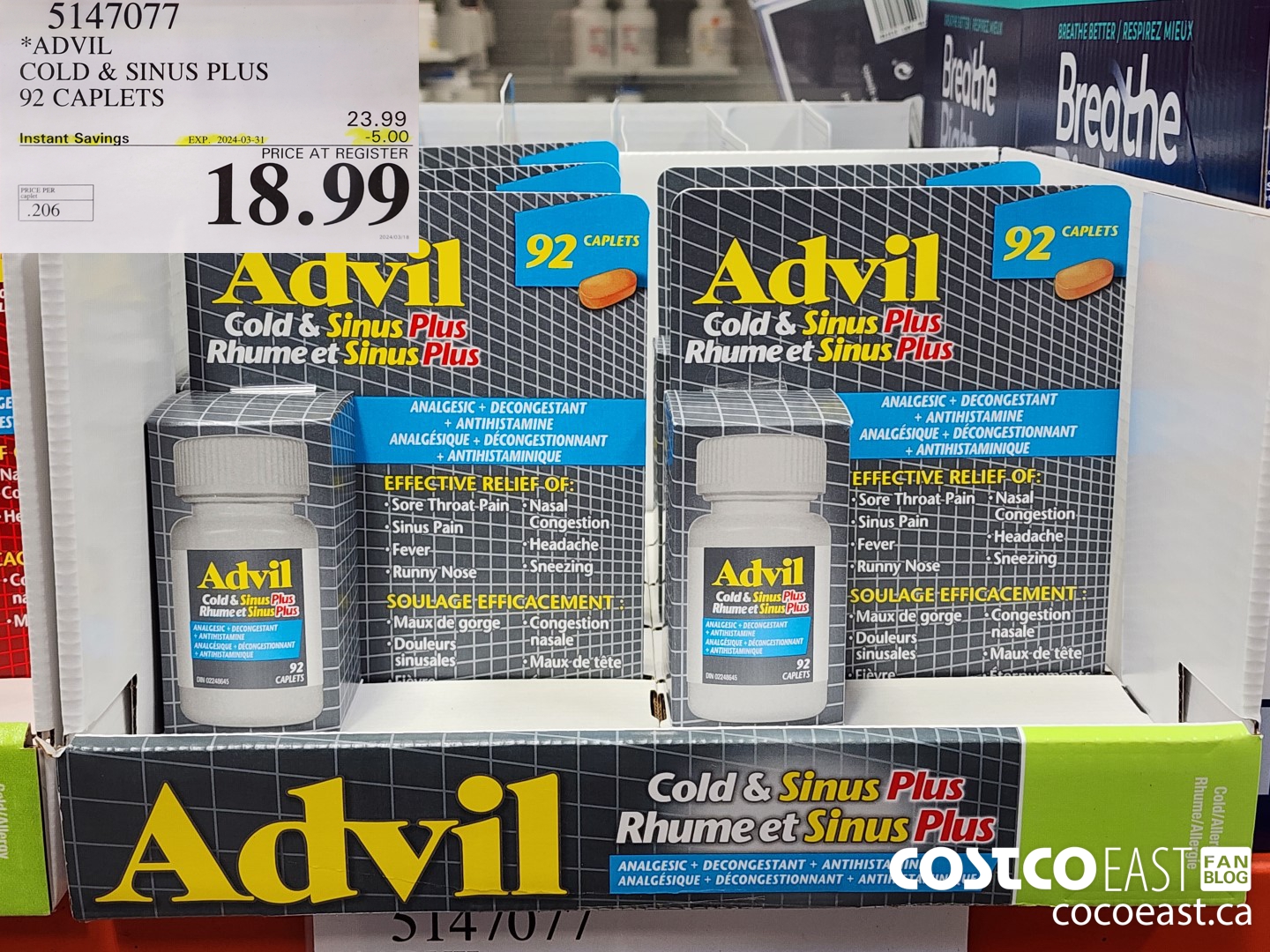 5147077 ADVIL COLD & SINUS PLUS 92 CAPLETS ($5.00 INSTANT SAVINGS EXPIRES ON 2024-03-31) $18.99