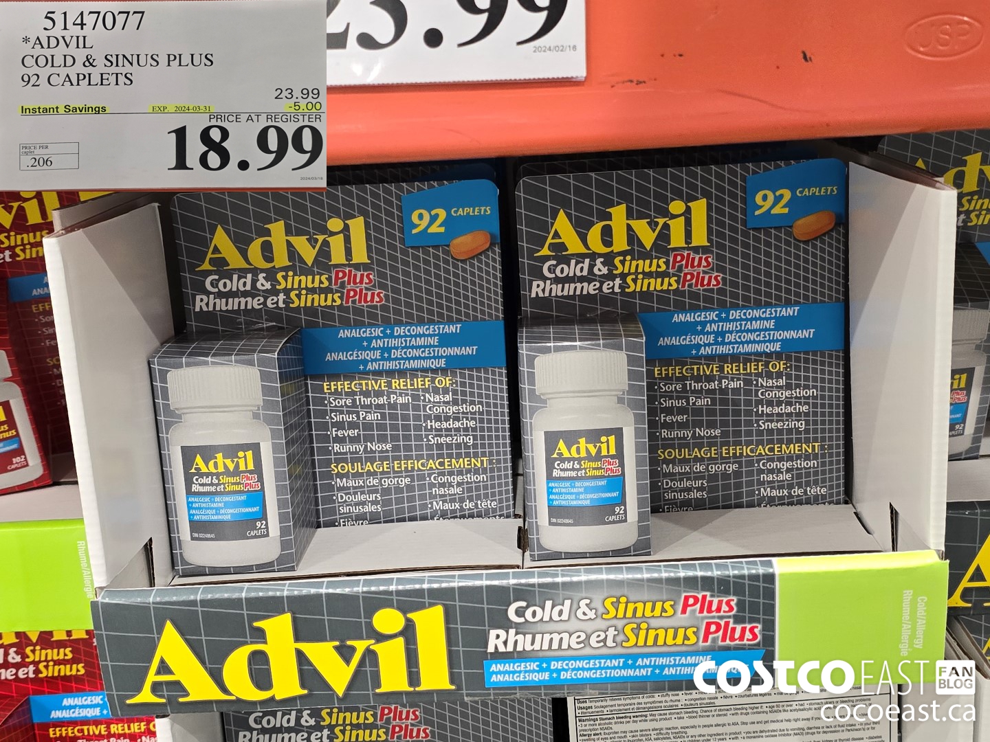 5147077 ADVIL COLD & SINUS PLUS 92 CAPLETS ($5.00 INSTANT SAVINGS EXPIRES ON 2024-03-31) $18.99
