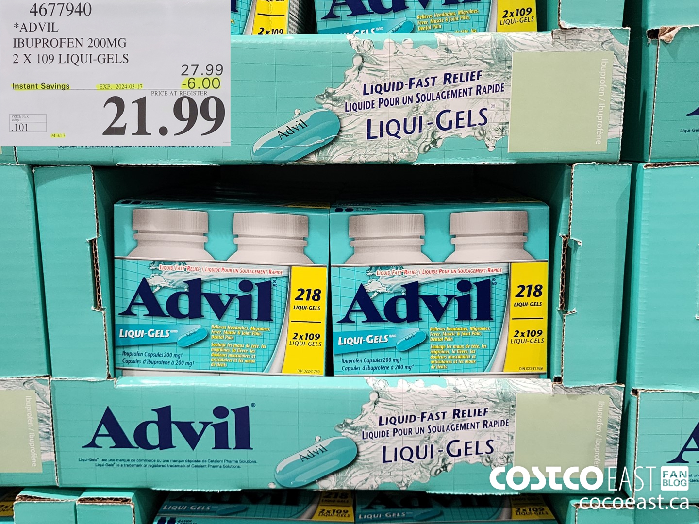 4677940 ADVIL IBUPROFEN 200MG 2 X 109 LIQUI-GELS ($6.00 INSTANT SAVINGS EXPIRES ON 2024-03-17) $21.99