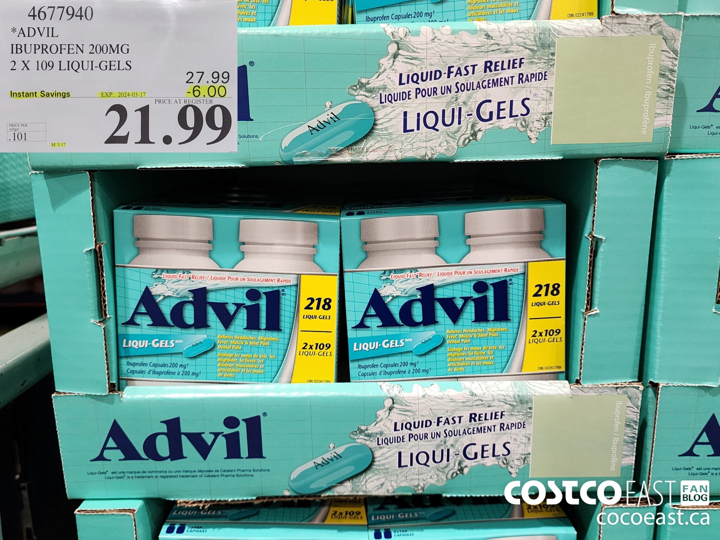 4677940 ADVIL IBUPROFEN 200MG 2 X 109 LIQUI-GELS ($6.00 INSTANT SAVINGS EXPIRES ON 2024-03-17) $21.99