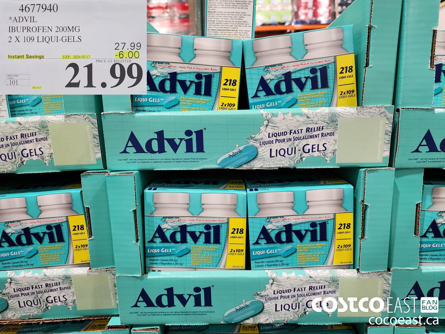4677940 ADVIL IBUPROFEN 200MG 2 X 109 LIQUI-GELS ($6.00 INSTANT SAVINGS EXPIRES ON 2024-03-17) $21.99