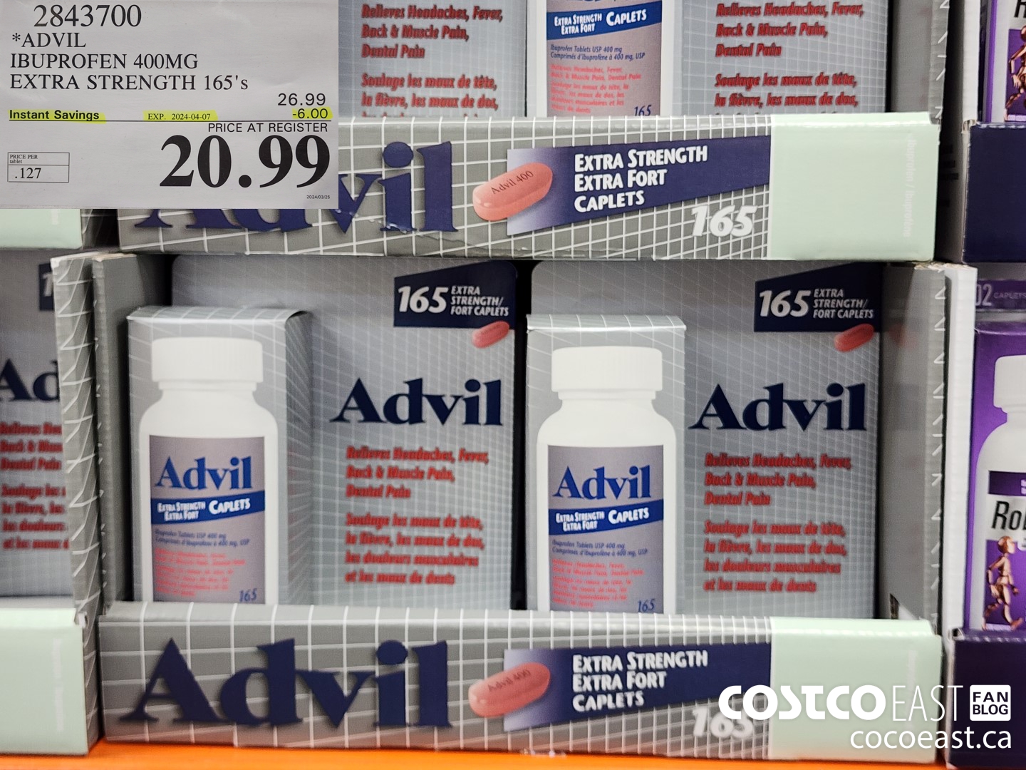 2843700 ADVIL IBUPROFEN 400MG EXTRA STRENGTH 165's ($6.00 INSTANT SAVINGS EXPIRES ON 2024-04-07) $20.99
