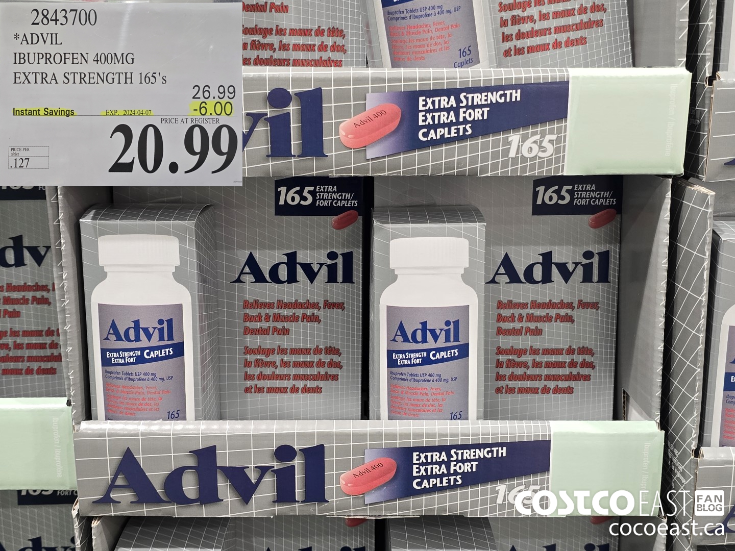 2843700 ADVIL IBUPROFEN 400MG EXTRA STRENGTH 165's ($6.00 INSTANT SAVINGS EXPIRES ON 2024-04-07) $20.99