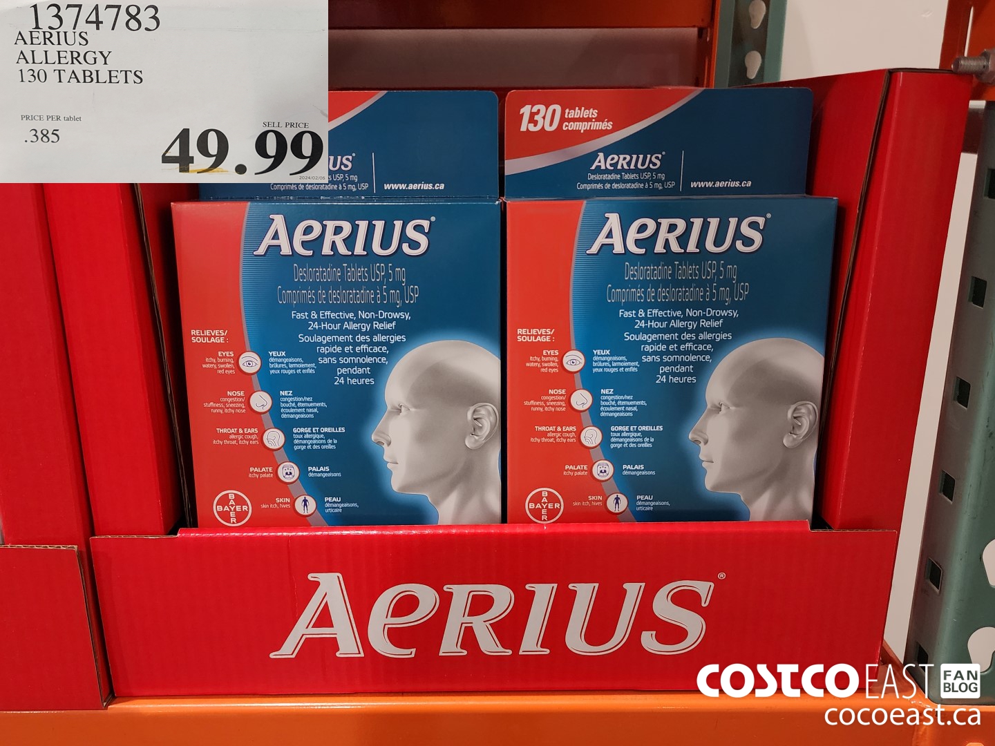 1374783 AERIUS ALLERGY 130 TABLETS $49.99