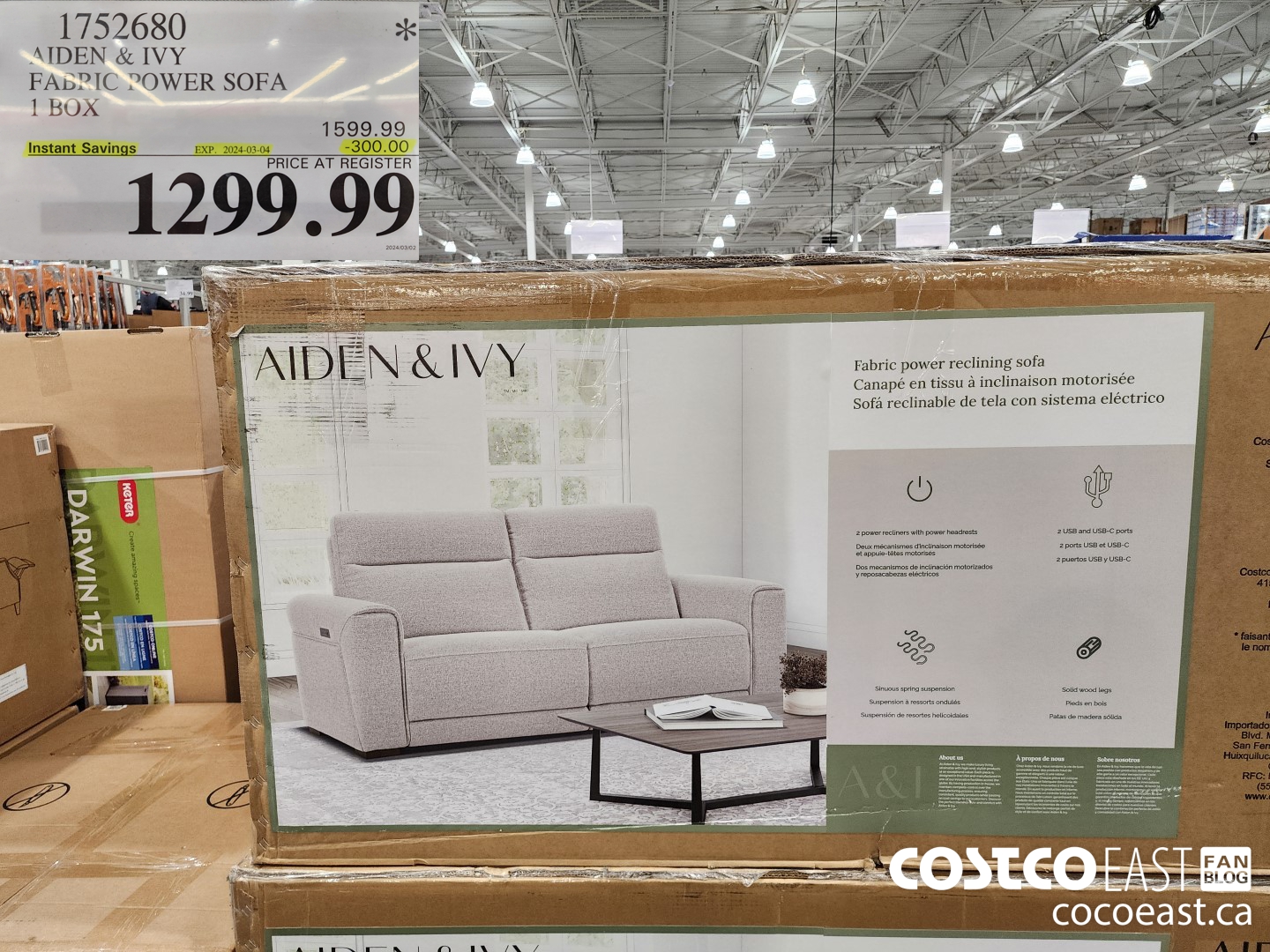 1752680 AIDEN & IVY FABRIC POWER SOFA 1 BOX ($300.00 INSTANT SAVINGS EXPIRES ON 2024-03-04) $1299.99