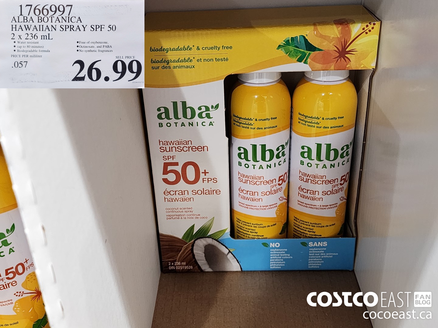 1766997 ALBA BOTANICA HAWAIIAN SPRAY SPF 50 2 X 236 ML $26.99