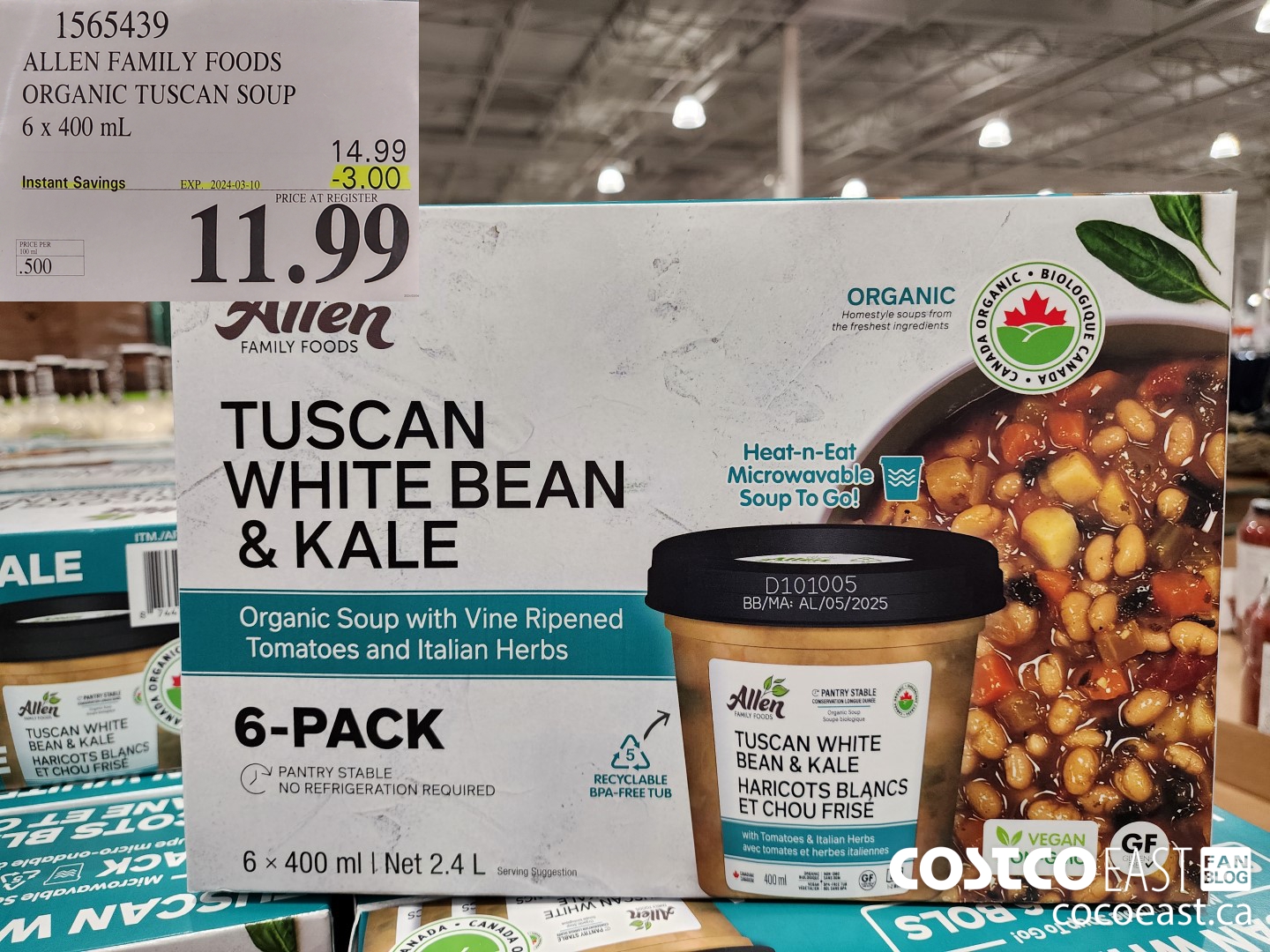 1565439 ALLEN FAMILY FOODS ORGANIC TUSCAN SOUP 6 x 400 mL ($3.00 INSTANT SAVINGS EXPIRES ON 2024-03-10) $11.99