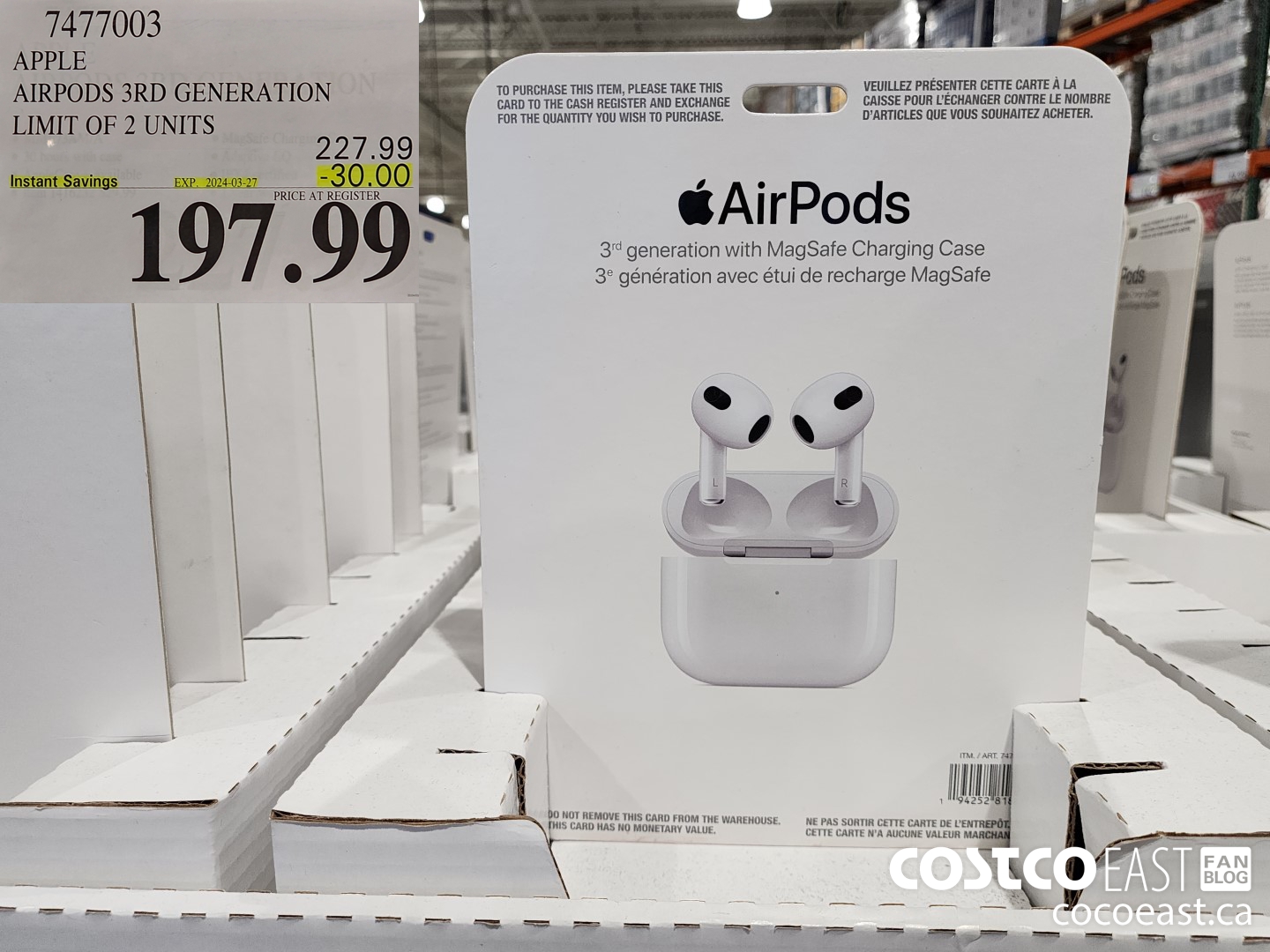 7477003 APPLE AIRPODS 3RD GENERATION LIMIT OF 2 UNITS ($30.00 INSTANT SAVINGS EXPIRES ON 2024-03-27) $197.99