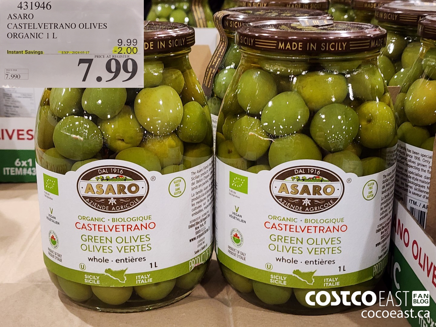 431946 ASARO CASTELVETRANO OLIVES ORGANIC 1.06L ($2.00 INSTANT SAVINGS EXPIRES ON 2024-03-17) $7.99