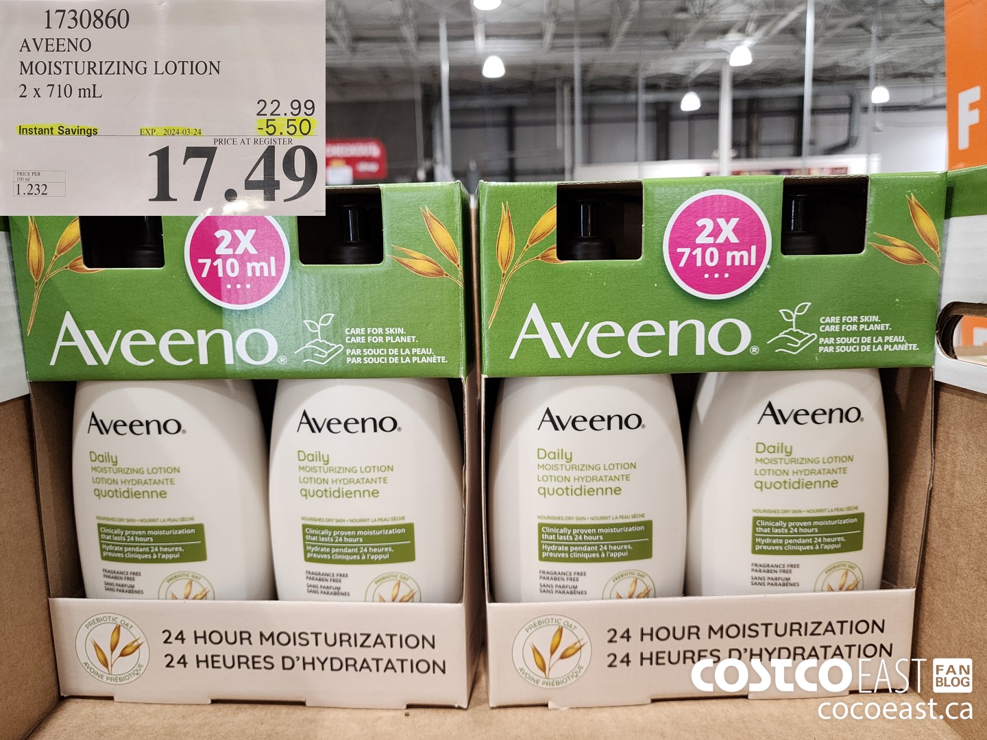 1730860 AVEENO MOISTURIZING LOTION 2 X 710 ML ($5.50 INSTANT SAVINGS EXPIRES ON 2024-03-24) $17.49