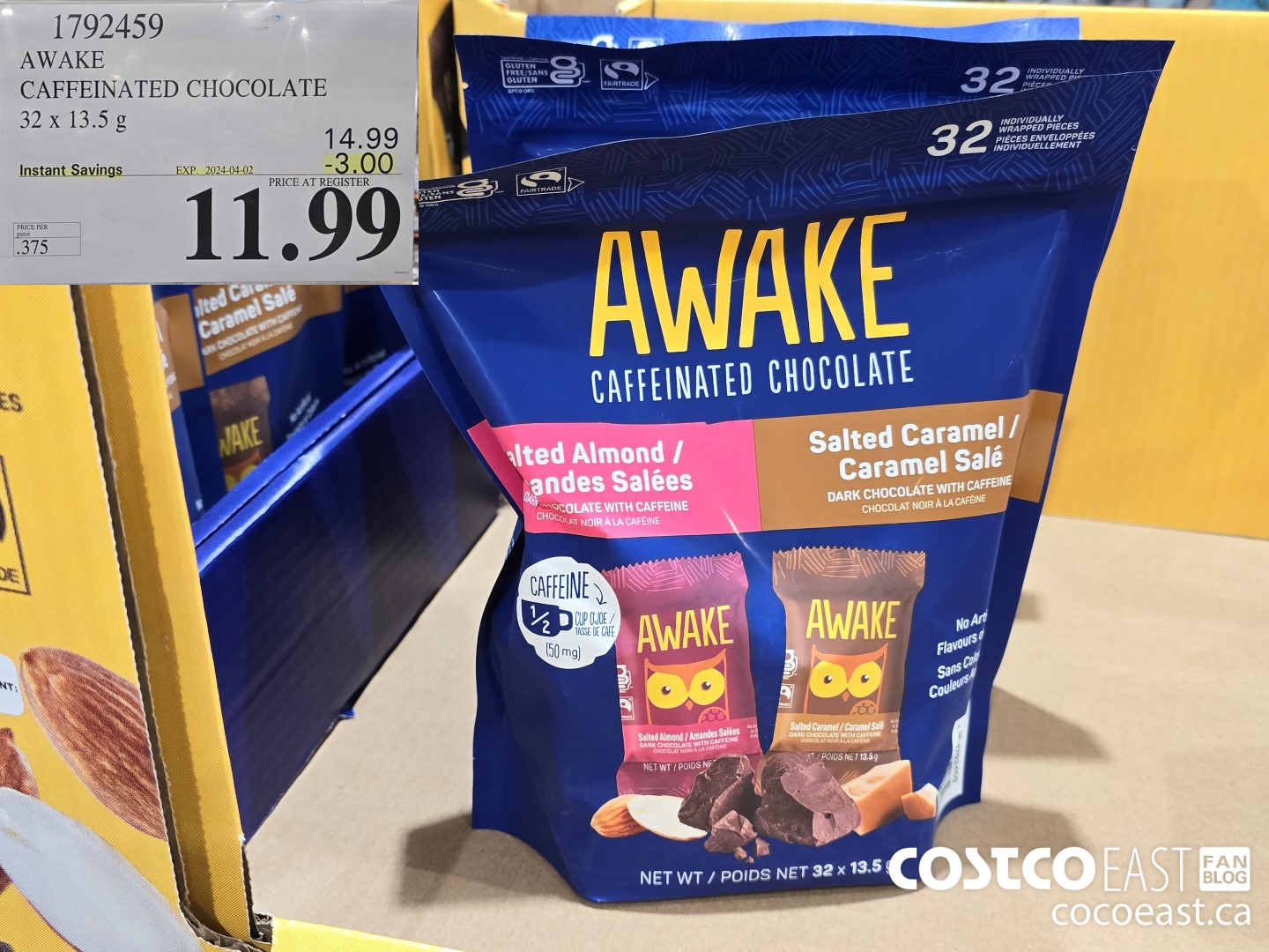 1792459 AWAKE CAFFEINATED CHOCOLATE 32 X 13.5 G ($3.00 INSTANT SAVINGS EXPIRES ON 2024-04-02) $11.99