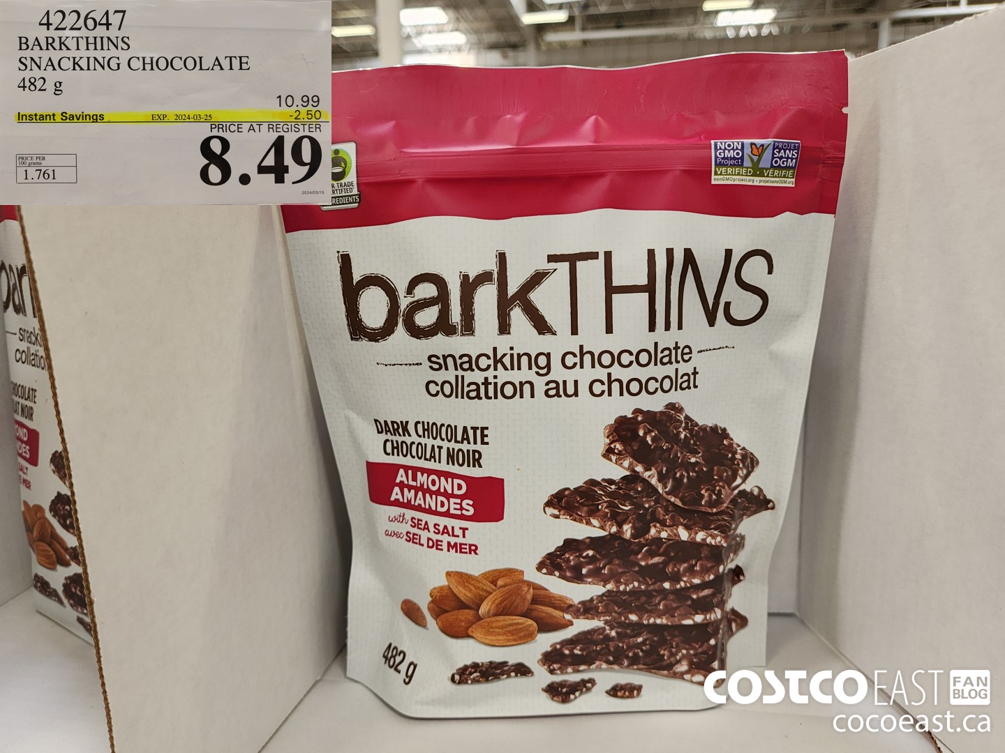 422647 BARKTHINS SNACKING CHOCOLATE 482 G ($2.50 INSTANT SAVINGS EXPIRES ON 2024-03-25) $8.49