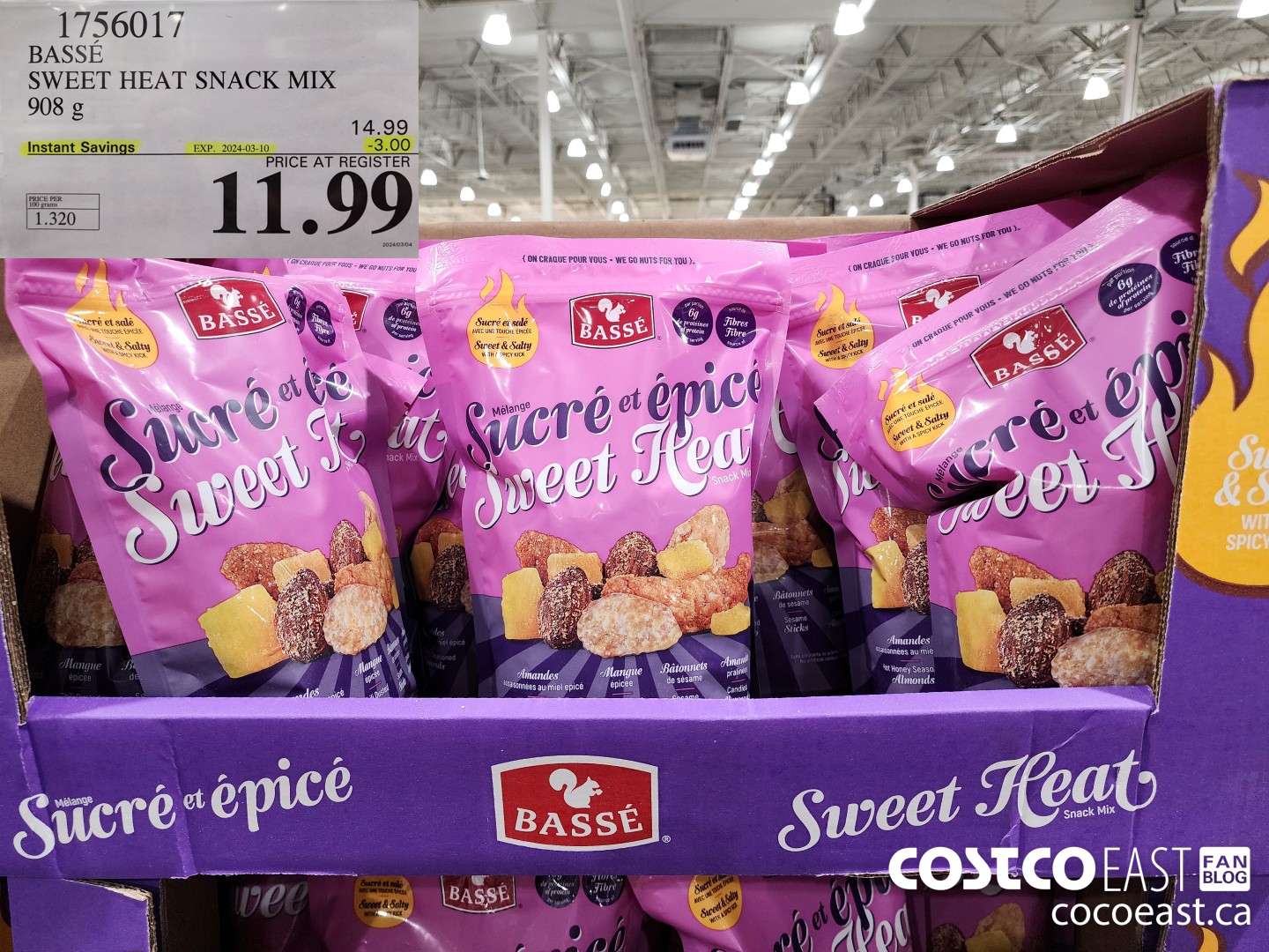 1756017 BASSE SWEET HEAT SNACK MIX 908 g ($3.00 INSTANT SAVINGS EXPIRES ON 2024-03-10) $11.99