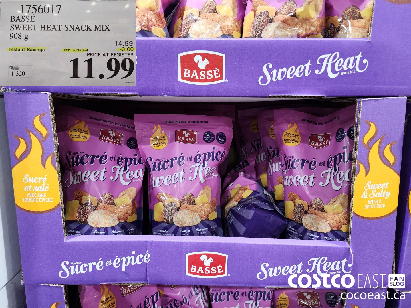 1756017 BASSE SWEET HEAT SNACK MIX 908 g ($3.00 INSTANT SAVINGS EXPIRES ON 2024-03-24) $11.99