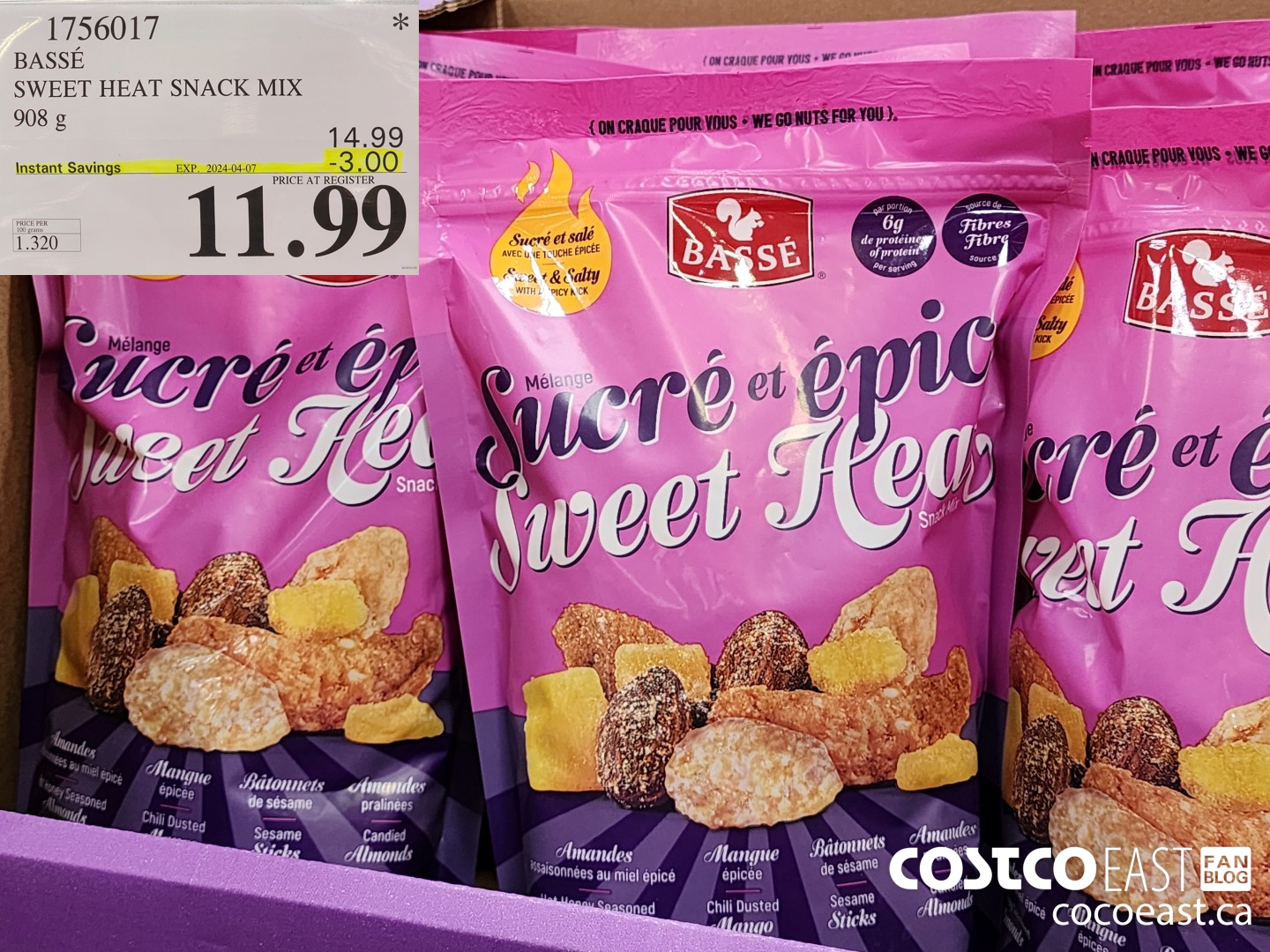 1756017 BASSE SWEET HEAT SNACK MIX 908 g ($3.00 INSTANT SAVINGS EXPIRES ON 2024-04-07) $11.99