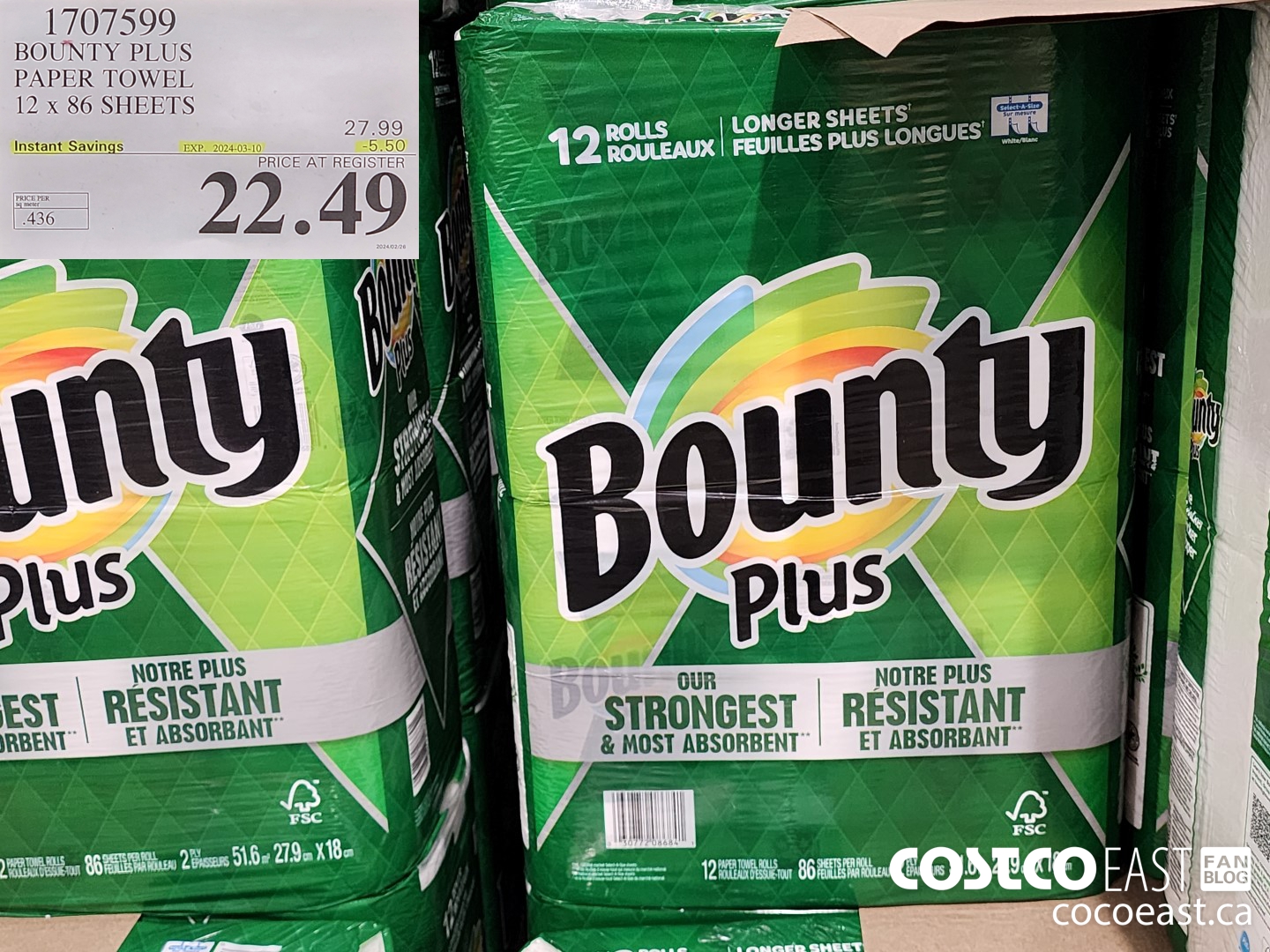 1707599 BOUNTY PLUS PAPER TOWEL 12 x 86 sheets ($5.50 INSTANT SAVINGS EXPIRES ON 2024-03-10) $22.49