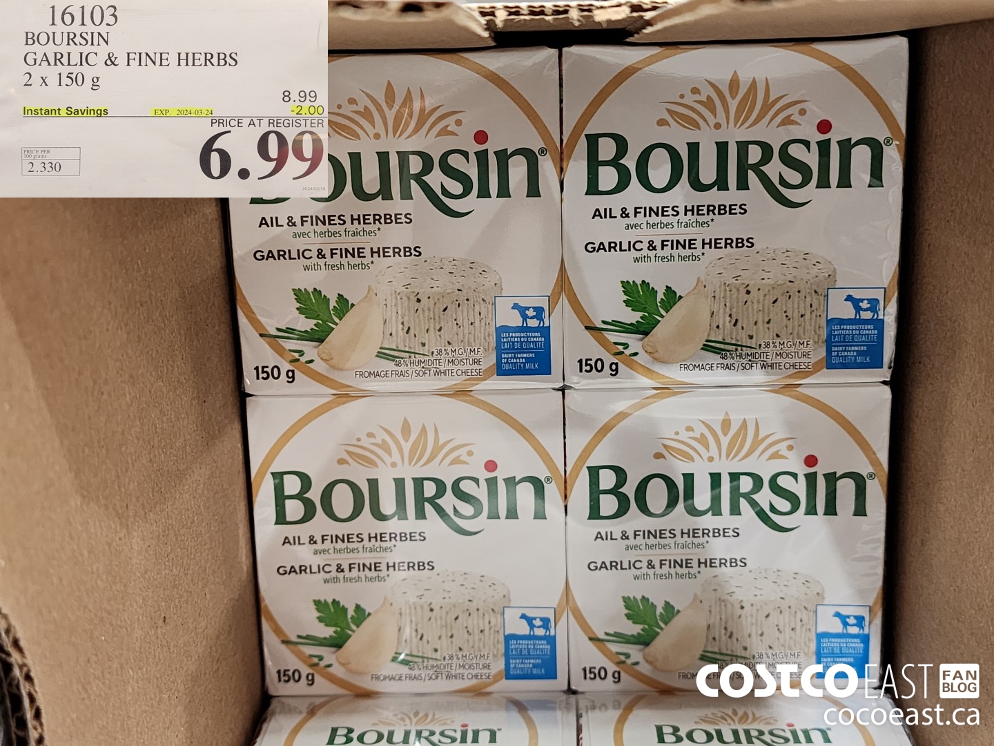 16103 BOURSIN GARLIC & FINE HERBS 2 X 150 G ($2.00 INSTANT SAVINGS EXPIRES ON 2024-03-24) $6.99