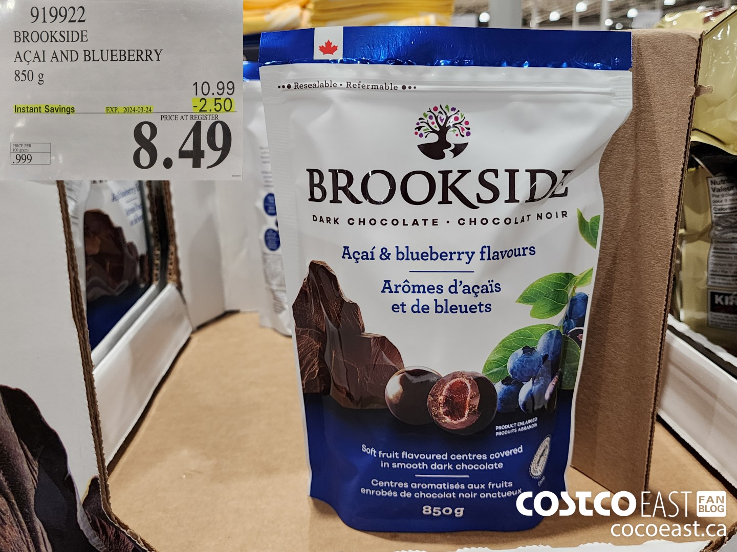 919922 BROOKSIDE ACAI AND BLUEBERRY 850 G ($2.50 INSTANT SAVINGS EXPIRES ON 2024-03-24) $8.49
