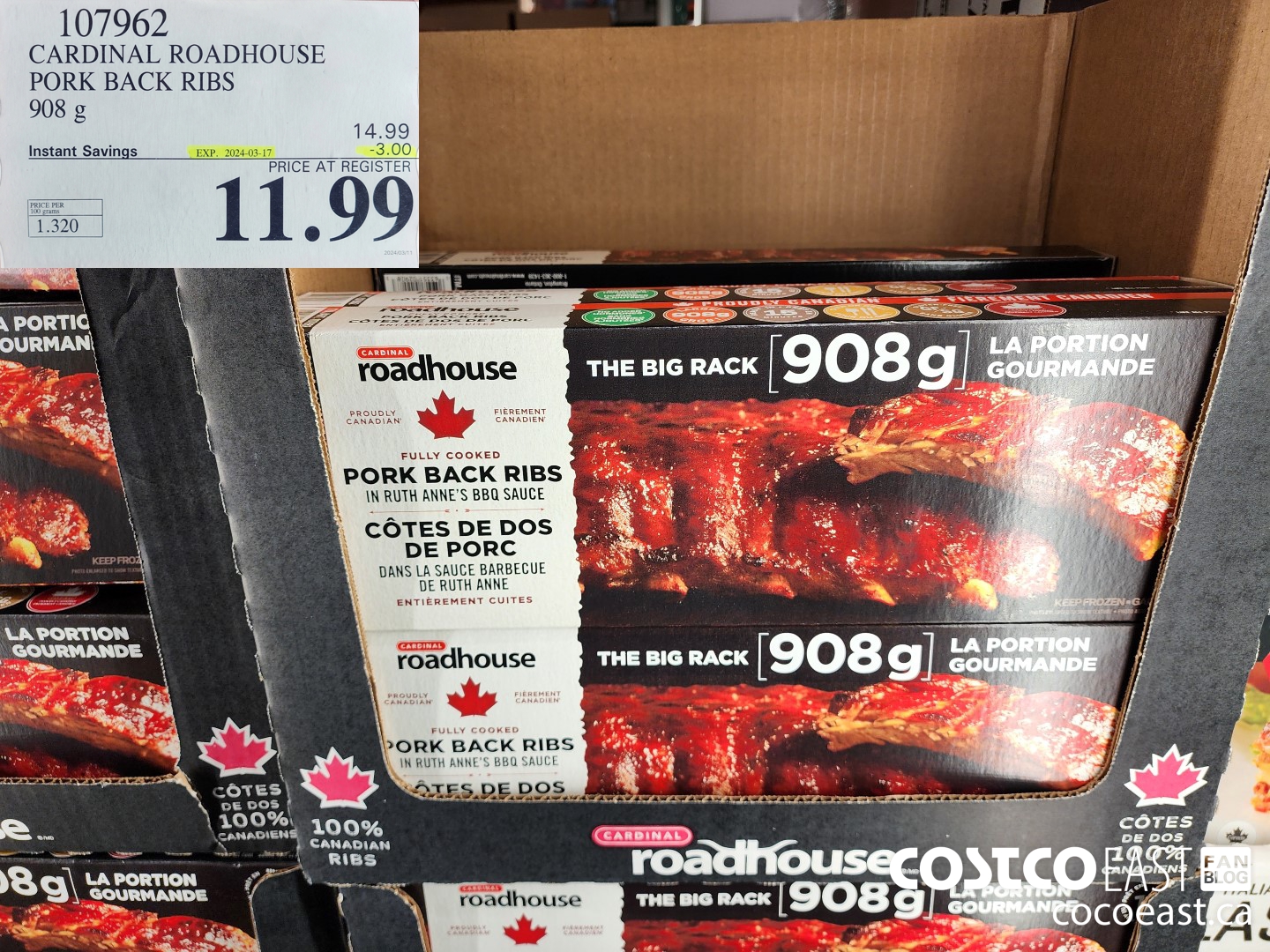 107962 CARDINAL ROADHOUSE PORK BACK RIBS 908 g ($3.00 INSTANT SAVINGS EXPIRES ON 2024-03-17) $11.99