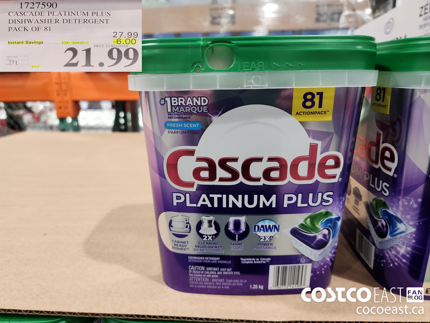 1727590 CASCADE PLATINUM PLUS DISHWASHER DETERGENT PACK OF 81 ($6.00 INSTANT SAVINGS EXPIRES ON 2024-03-17) $21.99