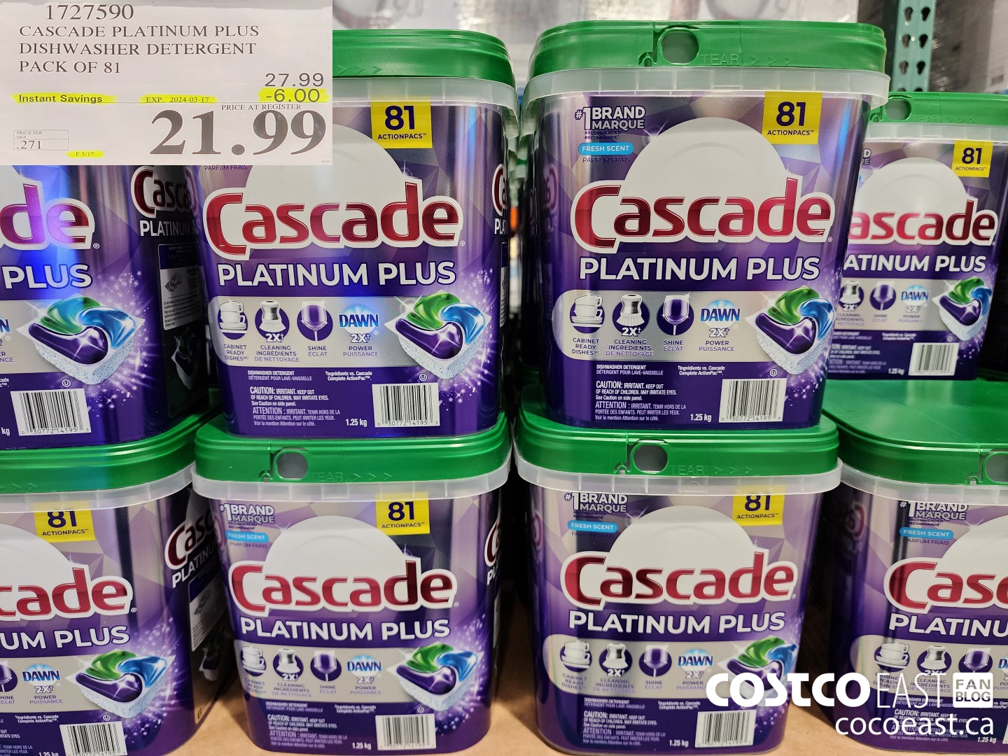 1727590 CASCADE PLATINUM PLUS DISHWASHER DETERGENT PACK OF 81 ($6.00 INSTANT SAVINGS EXPIRES ON 2024-03-17) $21.99