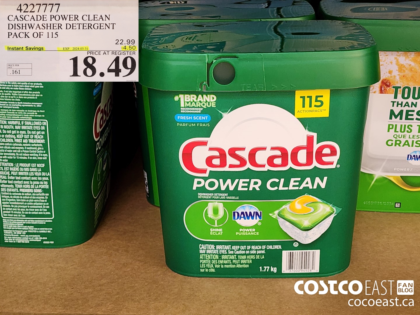 4227777 CASCADE POWER CLEAN DISHWASHER DETERGENT PACK OF 115 ($4.50 INSTANT SAVINGS EXPIRES ON 2024-03-31) $18.49