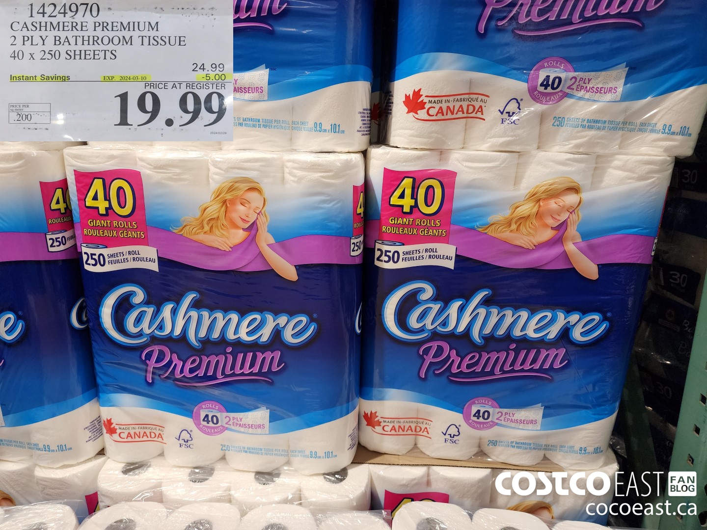 1424970 CASHMERE PREMIUM 2 PLY BATHROOM TISSUE 40 x 250 sheets ($5.00 INSTANT SAVINGS EXPIRES ON 2024-03-10) $19.99