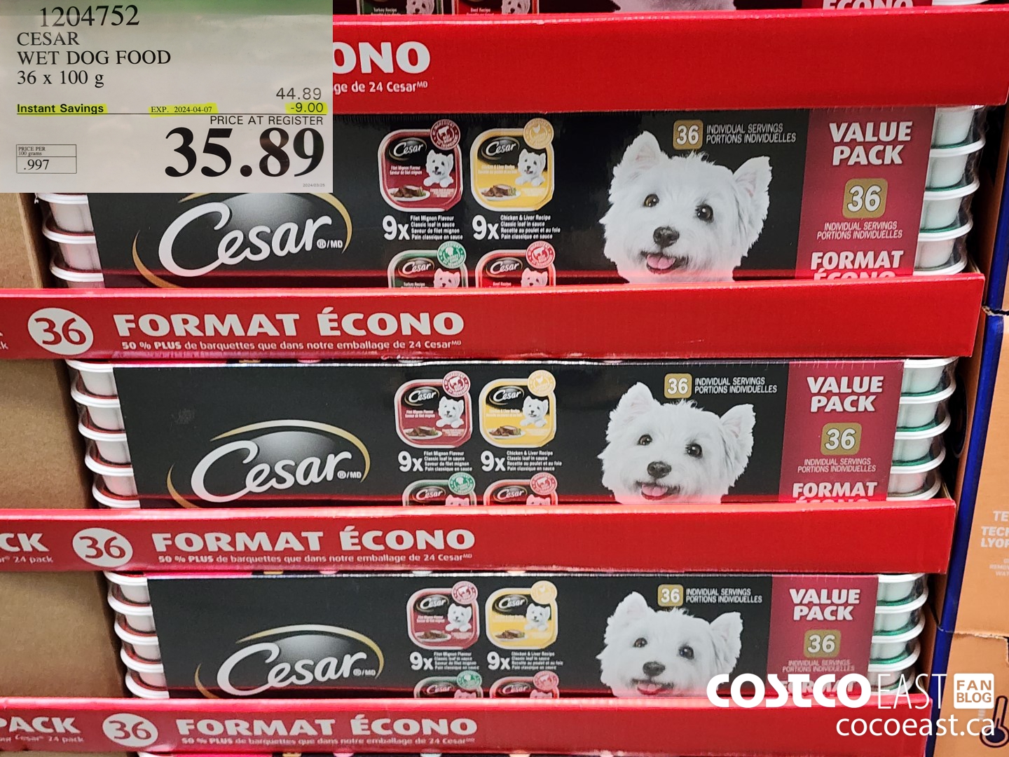 1204752 CESAR WET DOG FOOD 36 x 100 g ($9.00 INSTANT SAVINGS EXPIRES ON 2024-04-07) $36.89