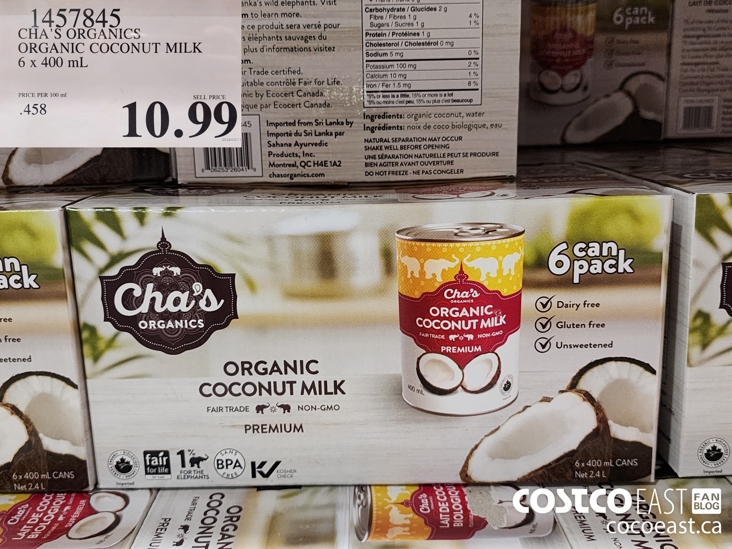1457845 CHA'S ORGANICS ORGANIC COCONUT MILK 6 x 400 ml $10.99