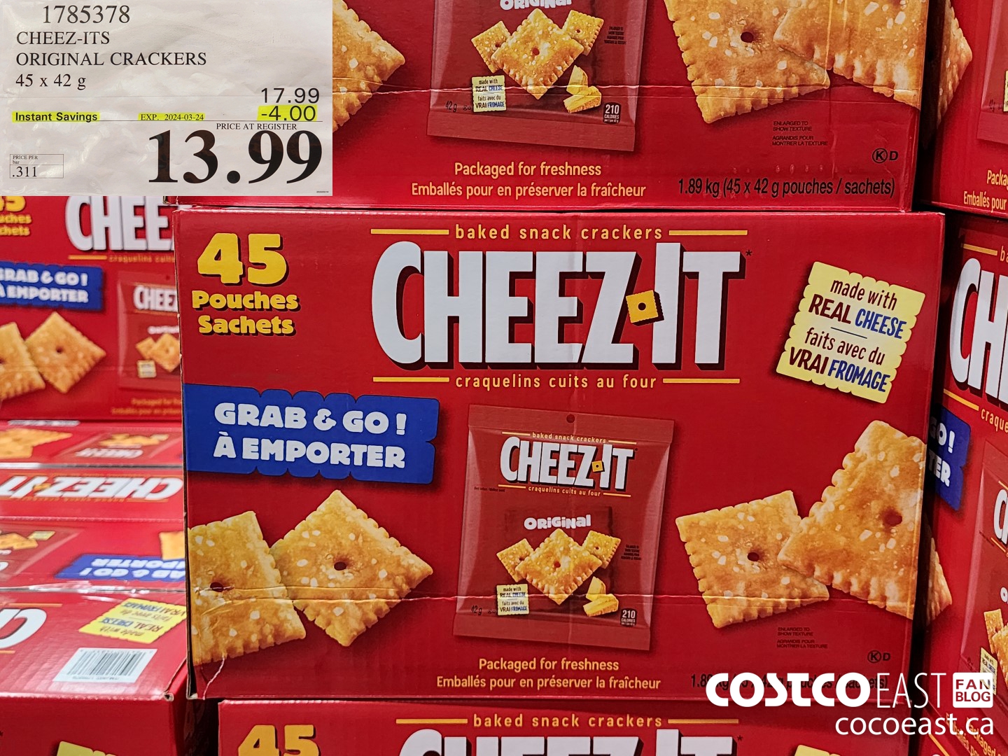 1785378 CHEEZ-ITS ORIGINAL CRACKERS 45 x 42 G ($4.00 INSTANT SAVINGS EXPIRES ON 2024-03-24) $13.99