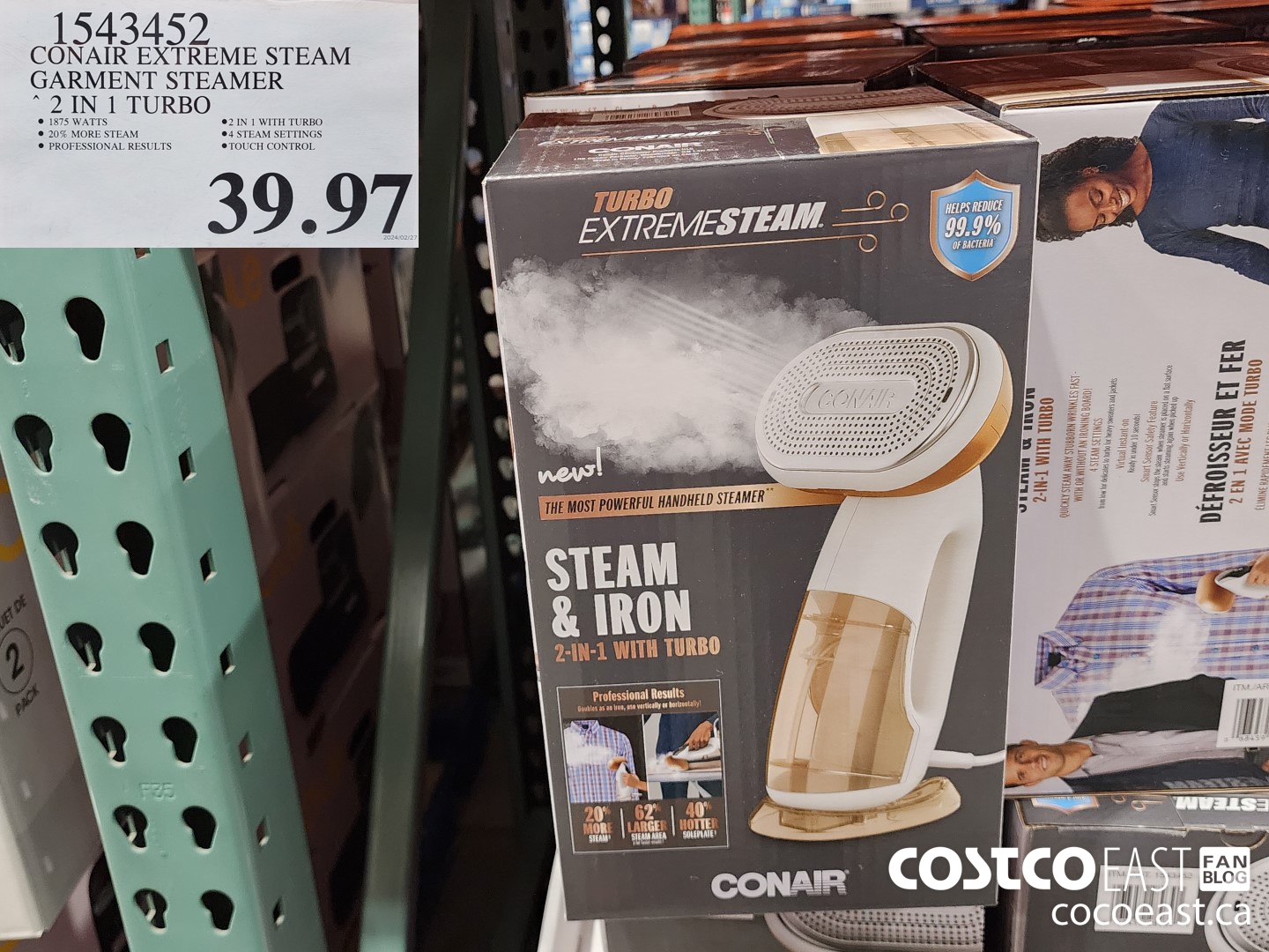 1543452 CONAIR EXTREME STEAM GARMENT STEAMER 2 IN 1 TURBO $39.97