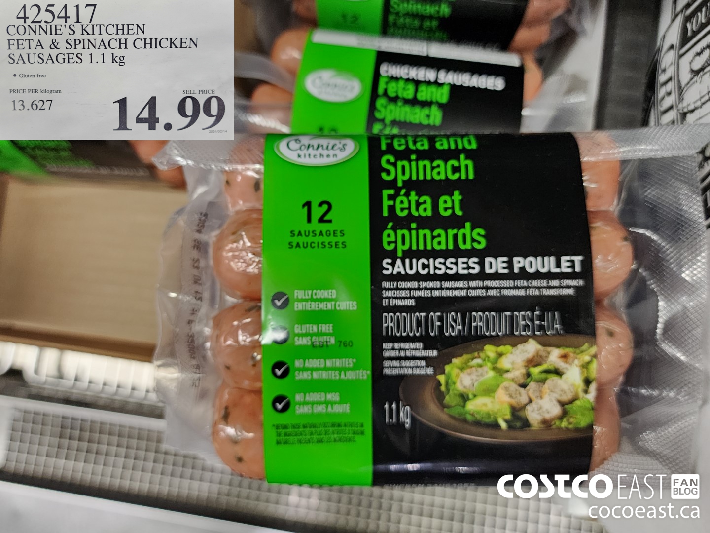 425417 CONNIE'S KITCHEN SPINACH AND FETA CHICKEN SAUSAGES 1.1 KG $14.99