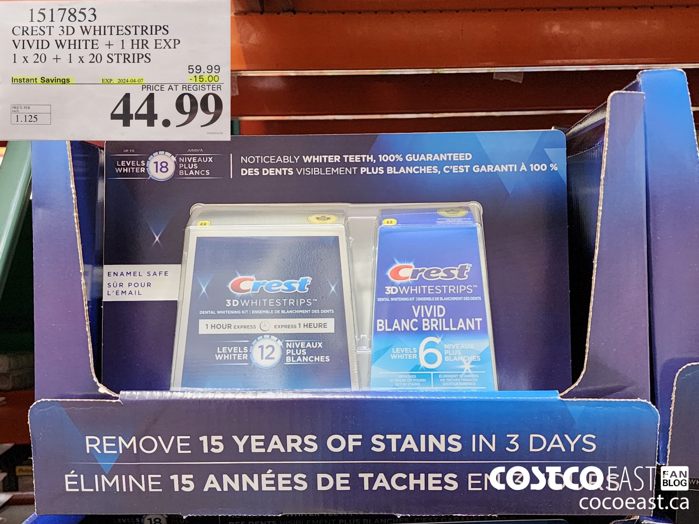 1517853 CREST 3D WHITESTRIPS VIVID WHITE + 1 HR EXP 1 x 20 + 1x 20 STRIPS  ($15.00 INSTANT SAVINGS EXPIRES ON 2024-04-07) $44.99