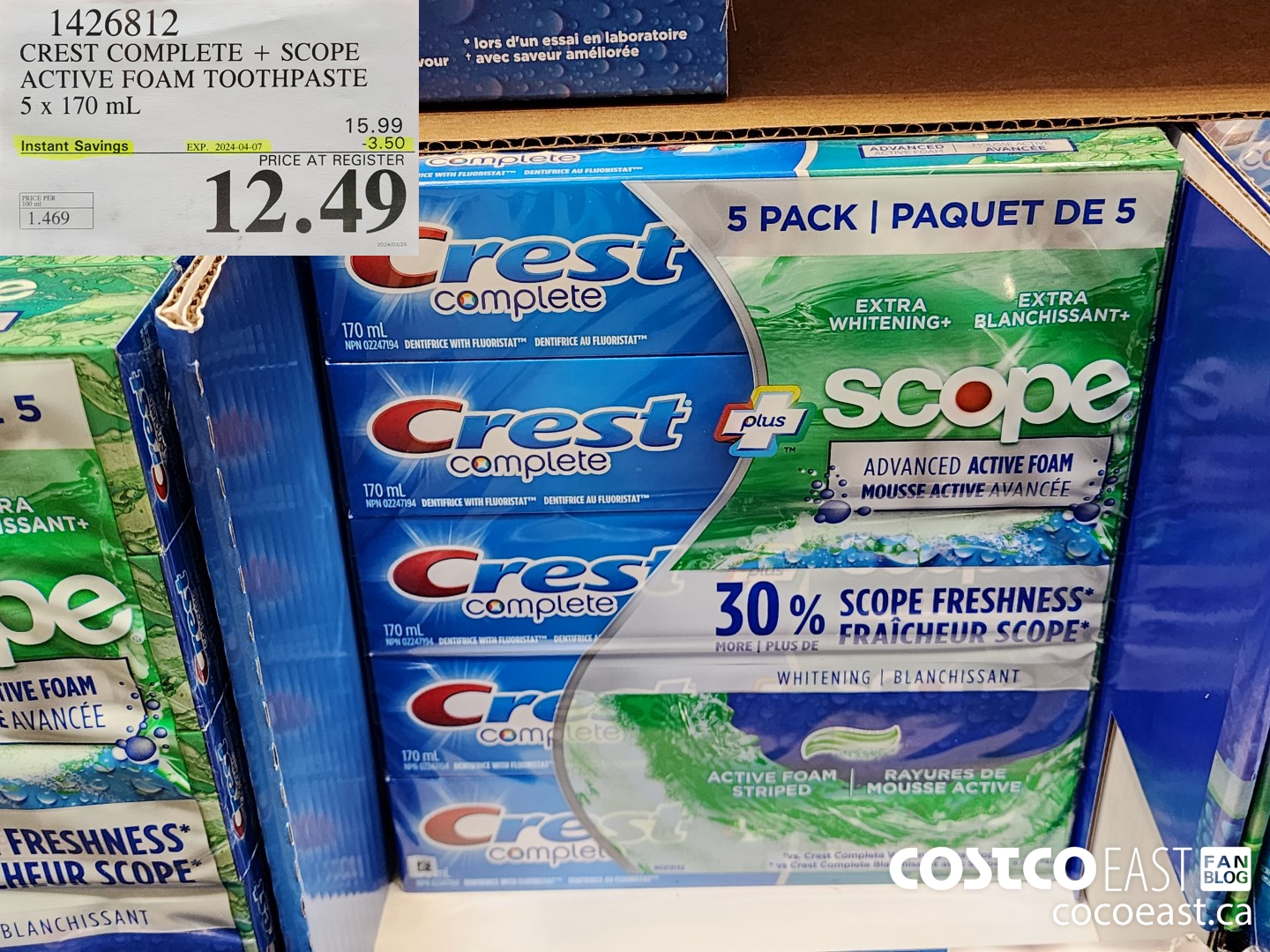 1426812 CREST COMPLETE + SCOPE ACTIVE FOAM TOOTHPASTE  5 X 170 ML ($3.50 INSTANT SAVINGS EXPIRES ON 2024-04-07) $12.49