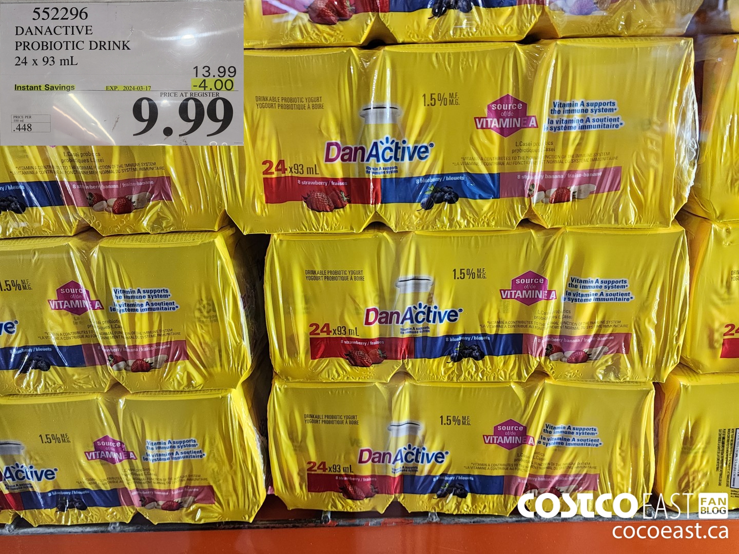 552296 DANACTIVE PROBIOTIC DRINK 24 X 93 ML ($4.00 INSTANT SAVINGS EXPIRES ON 2024-03-17) $9.99