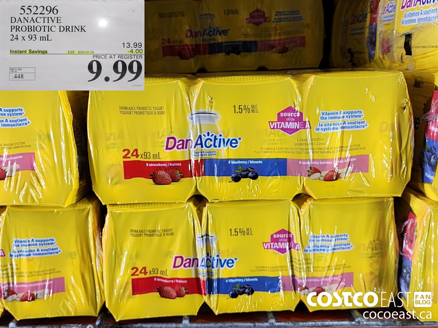 552296 DANACTIVE PROBIOTIC DRINK 24 X 93 ML ($4.00 INSTANT SAVINGS EXPIRES ON 2024-03-24) $9.99