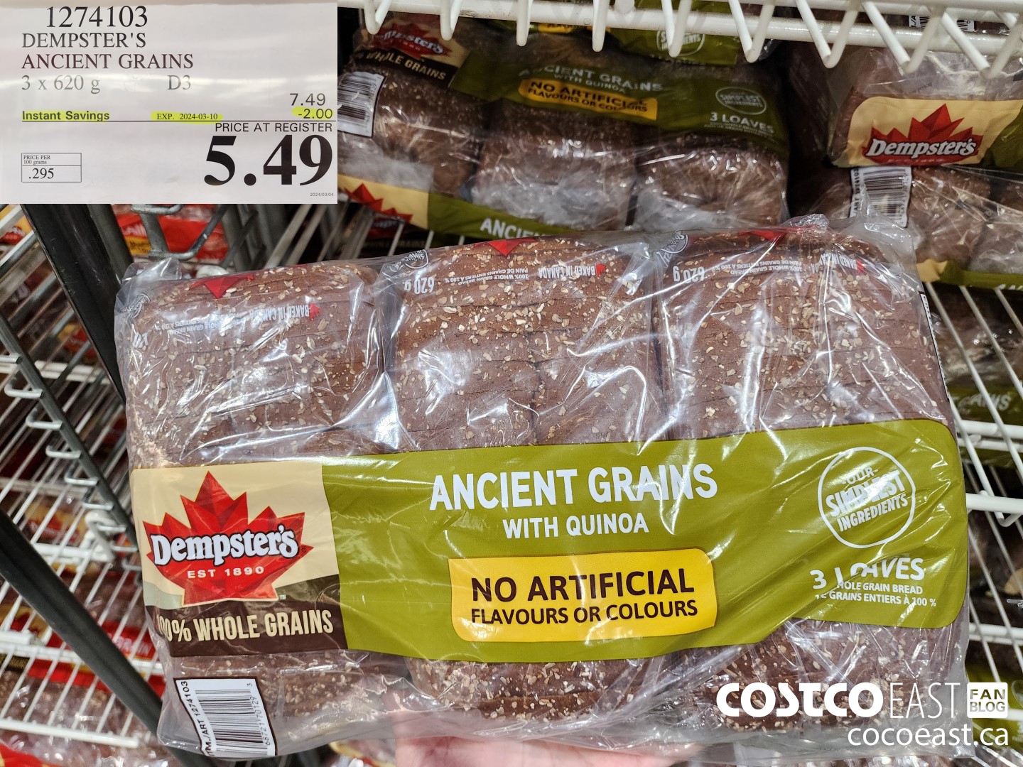 1274103 DEMPSTER'S ANCIENT GRAINS 3 X 620 G ($2.00 INSTANT SAVINGS EXPIRES ON 2024-03-10) $5.49