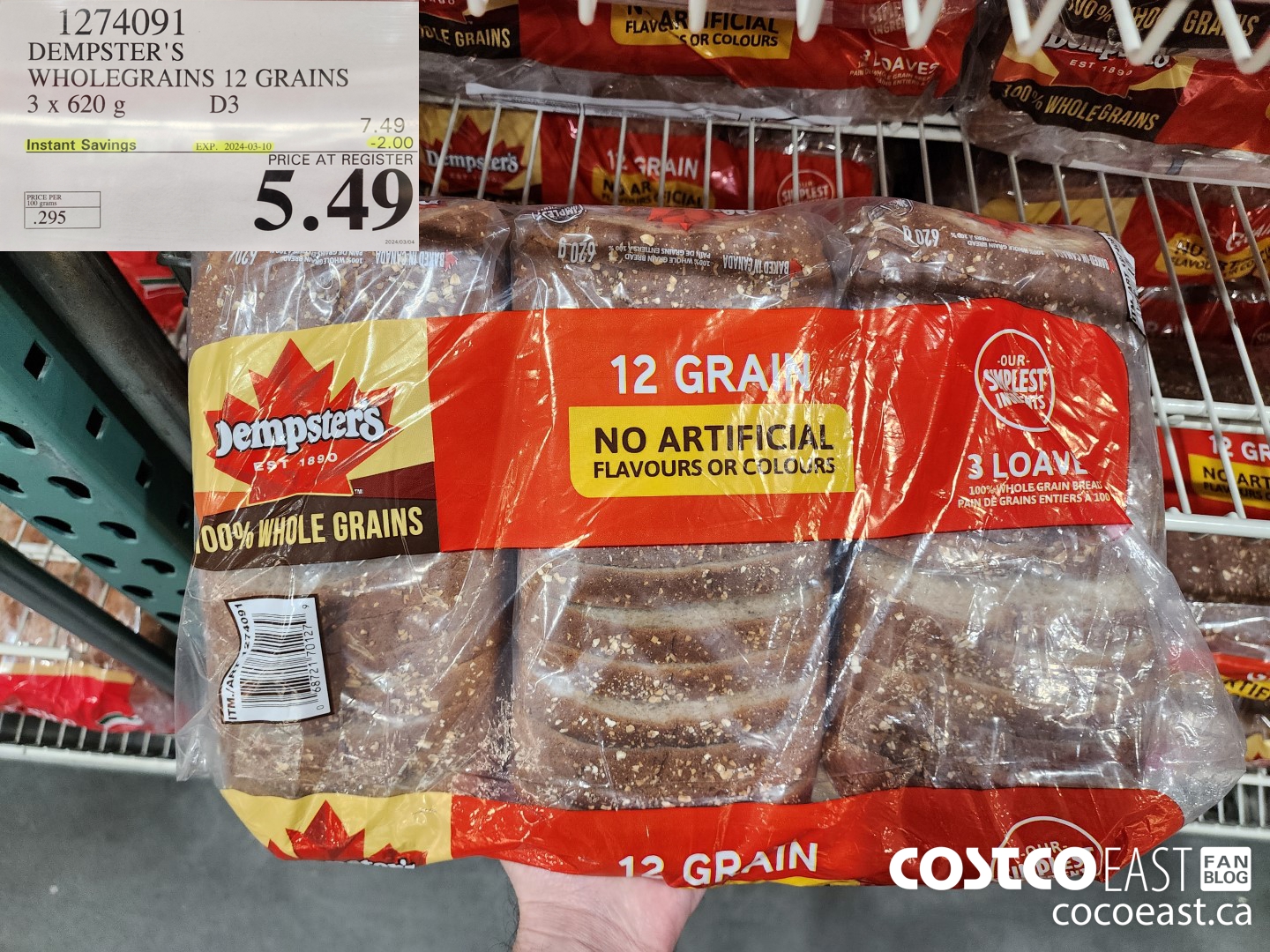 1274091 DEMPSTER'S WHOLEGRAINS 12 GRAINS 3 X 620 G ($2.00 INSTANT SAVINGS EXPIRES ON 2024-03-10) $5.49