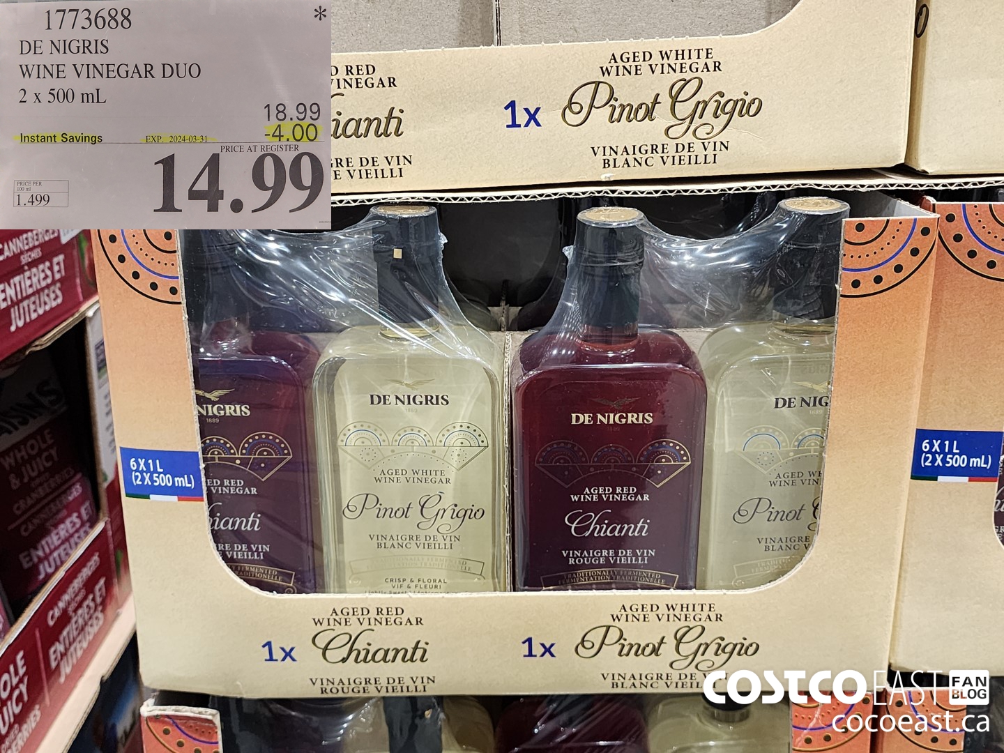 1773688 DE NIGRIS WINE VINEGAR DUO 2 x 500 mL ($4.00 INSTANT SAVINGS EXPIRES ON 2024-03-31) $14.99