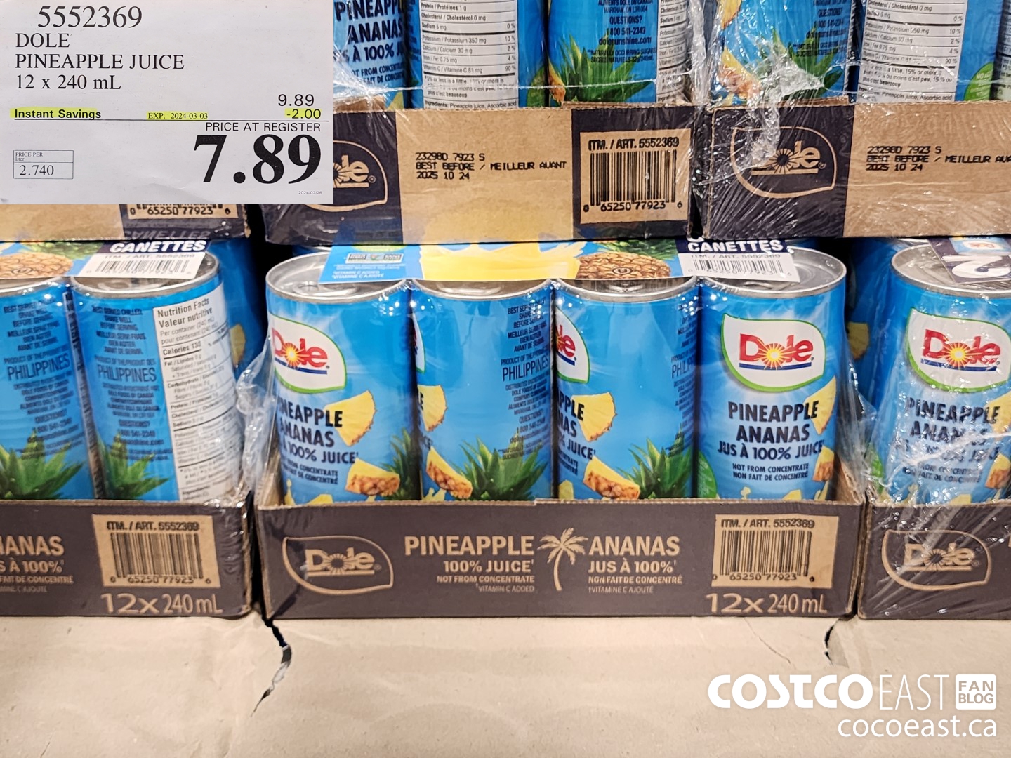 5552369 DOLE PINEAPPLE JUICE 12 x 240 mL ($2.00 INSTANT SAVINGS EXPIRES ON 2024-03-03) $7.89