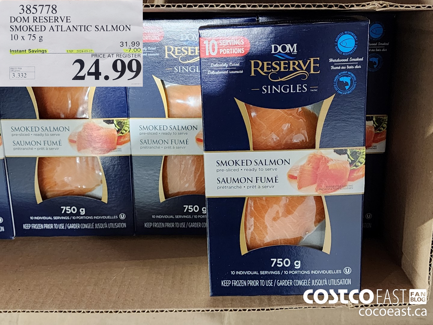 385778 DOM RESERVE SMOKED ATLANTIC SALMON 10 x 75 g ($7.00 INSTANT SAVINGS EXPIRES ON 2024-03-17) $24.99