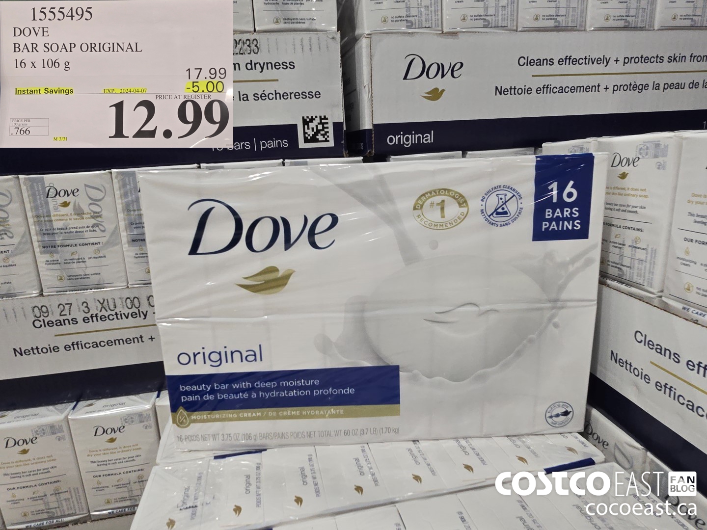 1555495 DOVE BAR SOAP ORIGINAL 16 x 106 g ($5.00 INSTANT SAVINGS EXPIRES ON 2024-04-07) $12.99
