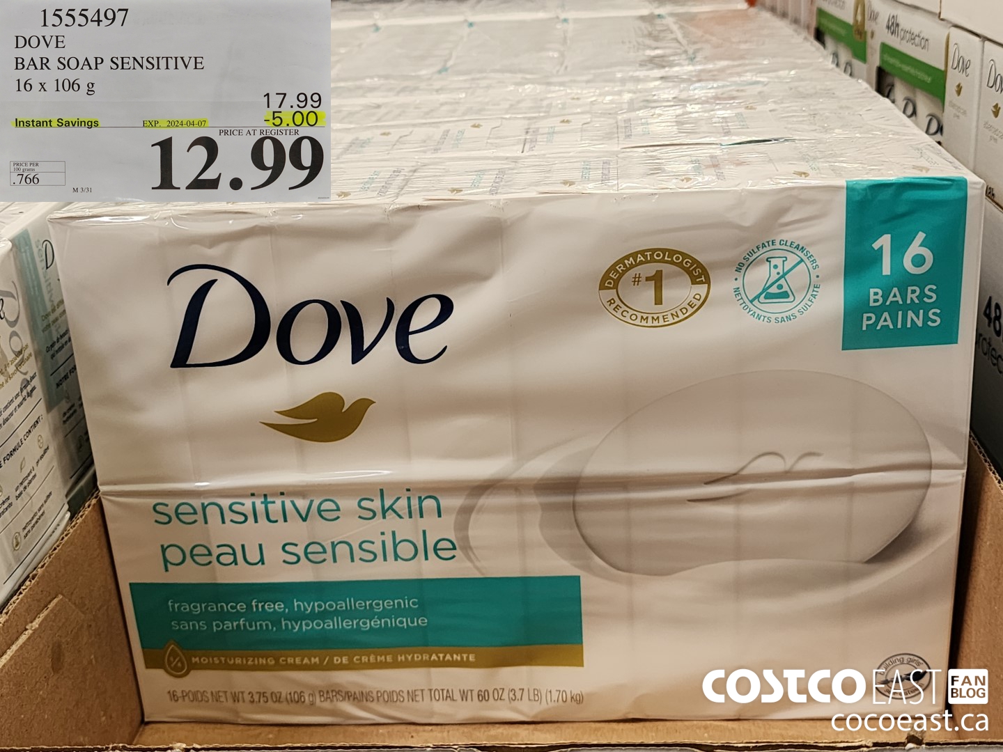 1555497 DOVE BAR SOAP SENSITIVE SKIN 16 x 106 g ($5.00 INSTANT SAVINGS EXPIRES ON 2024-04-07) $12.99