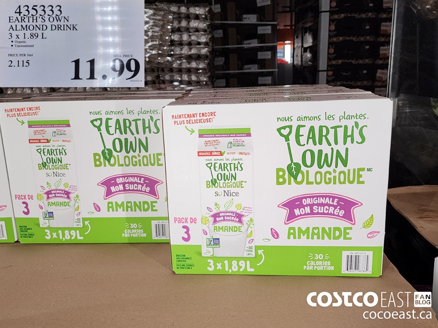 435333 EARTH'S OWN ALMOND DRINK 3 x 1.89 L $11.99