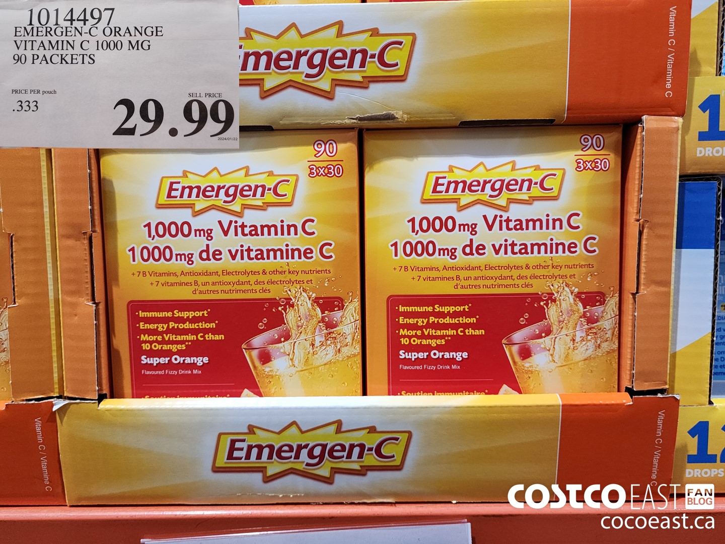1014497 EMERGEN-C ORANGE VITAMIN C 1000 MG 90 PACKETS $29.99