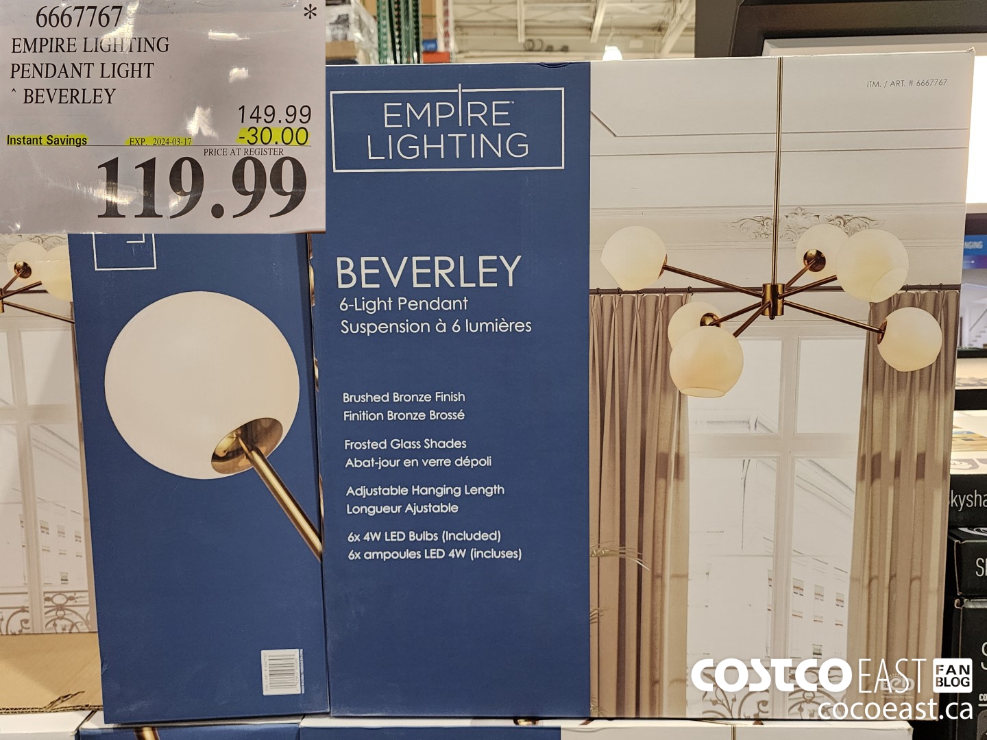 6667767 EMPIRE LIGHTING PENDANT LIGHT BEVERLEY ($30.00 INSTANT SAVINGS EXPIRES ON 2024-03-17) $119.99