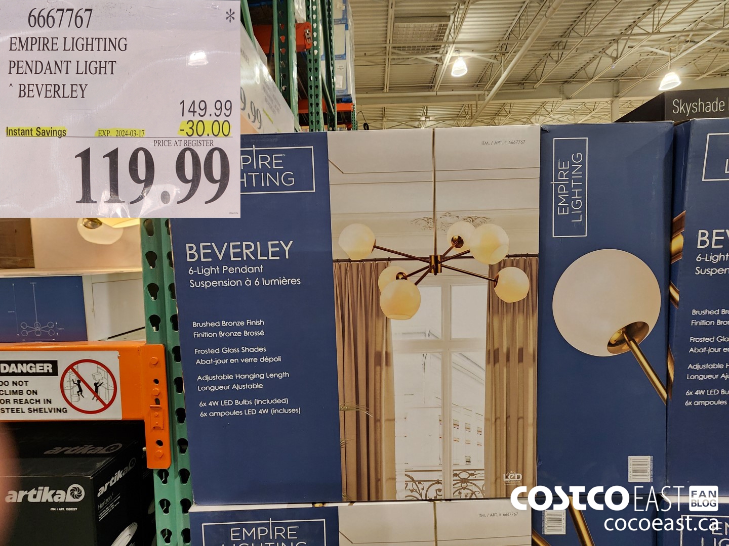 6667767 EMPIRE LIGHTING PENDANT LIGHT BEVERLEY ($30.00 INSTANT SAVINGS EXPIRES ON 2024-03-17) $119.99