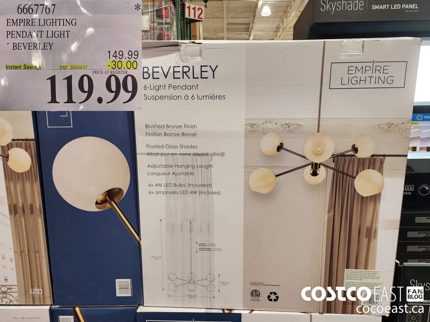 6667767 EMPIRE LIGHTING PENDANT LIGHT BEVERLEY ($30.00 INSTANT SAVINGS EXPIRES ON 2024-03-17) $119.99