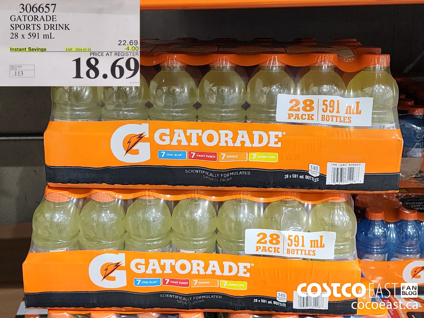 306657 GATORADE SPORTS DRINK 28 x 591 mL ($4.00 INSTANT SAVINGS EXPIRES ON 2024-03-24) $18.69